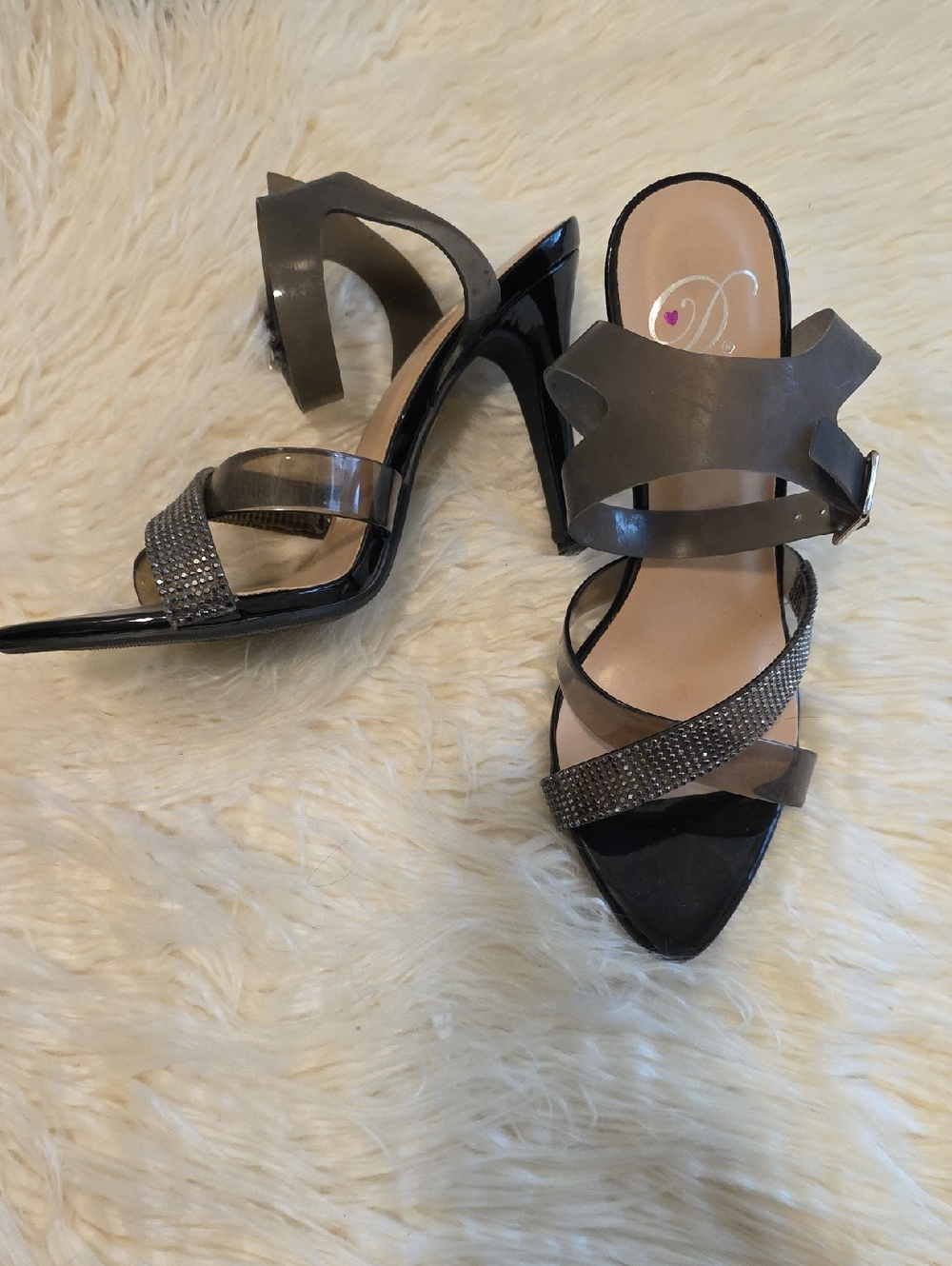 Delicious Women's Gray and Black Rhinestone Slide Heel Sandal